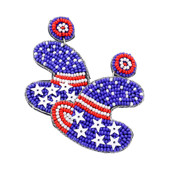 Multi Felt Back American USA Flag Cowboy Hat Beaded Dangle Earrings. Look like the ultimate fashionista with these Earrings! Cowboy Hat message dangle earring add extra special to your outfit.  Enhance your attire with this vibrant handcrafted beautiful earrings to dress up or down your look. Perfect gift idea for Birthday, Anniversary, Prom Jewelry, Thank you Gift or any special occasion, helps to Show your love for our country with this sweet patriotic star USA flag style American Flag dangle Earrings.