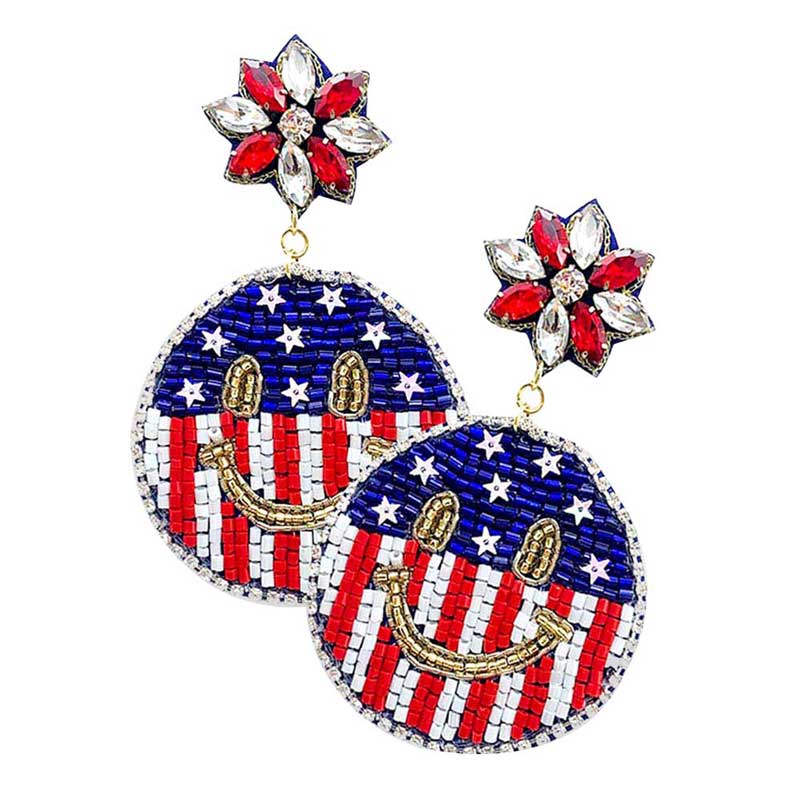 Multi Felt Back American USA Flag Smile Dangle Earrings; Show your love for our country with this sweet patriotic Smile USA flag style American Flag Earrings. Featuring red, white and blue for a bit of fashionable fireworks flair.