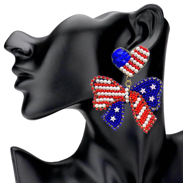 Multi Felt Back Beaded Rhinestone Heart Bow Link Dangle Earrings. Show your love for our country with this sweet patriotic USA style Earrings. put on a pop of color to complete your ensemble. Perfect for adding just the right amount of shimmer & shine and a touch of class to special events. Perfect Birthday Gift, Anniversary Gift, Mother's Day Gift, Thank you Gift.