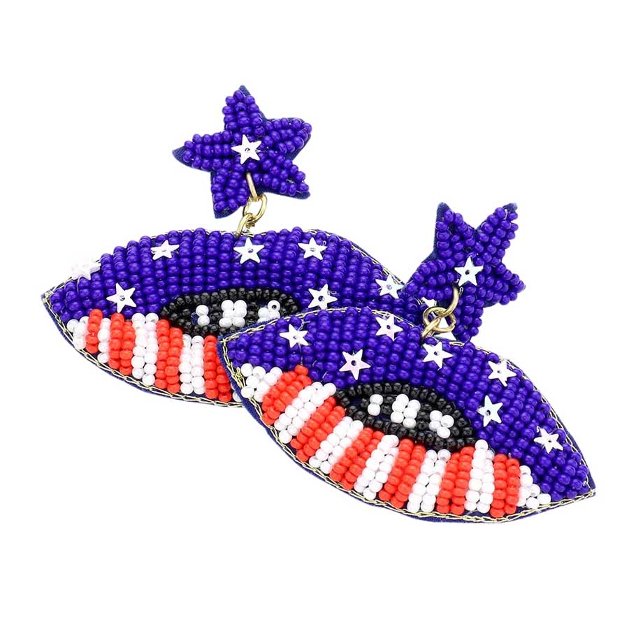 Multi Felt Back Beaded Star American USA Flag Lip Dangle Earrings, USA flag lip dangle earrings are fun handcrafted jewelry that fits your lifestyle, adding a pop of pretty color. Show your love for Your country with these sweet patriotic American USA Flag beaded dangle earrings. Red, white, and blue are used for a trendy fireworks flare.
