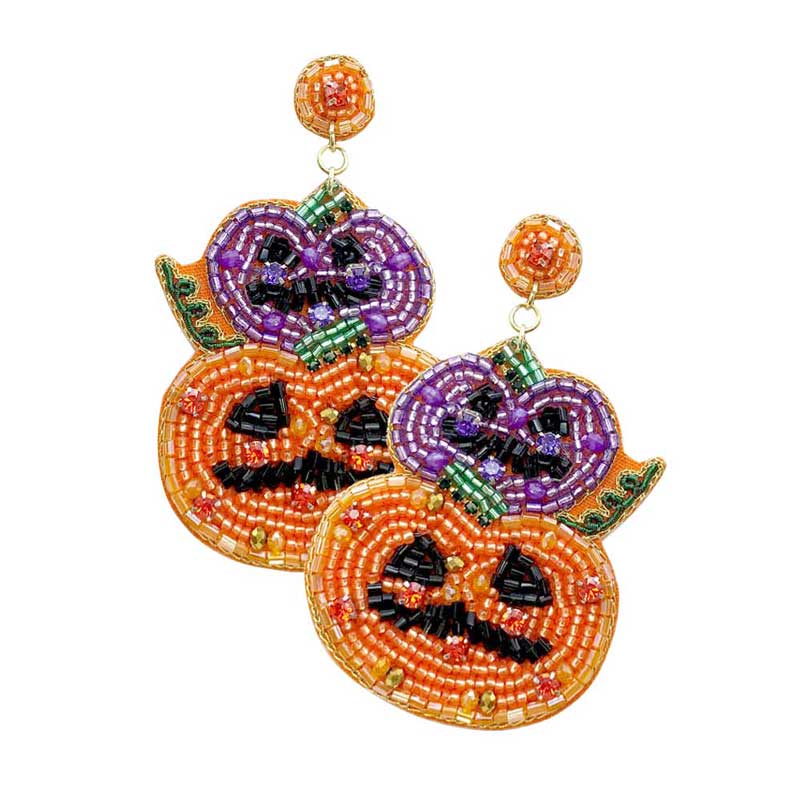 Orange Purple Felt Back Halloween Pumpkin Beaded Dangle Earrings Show off your Halloween spirit with these beaded pumpkin earrings! These dangly little drops feature a felt back and plenty of fun, seasonal charm. The perfect way to Halloween-up your look -- no more boring outfits this year!