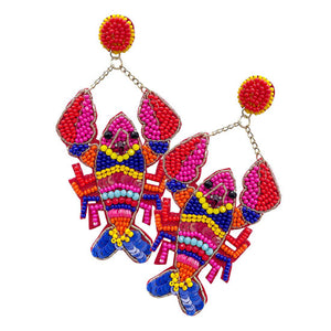 Multi Felt Back Mardi Gras Seed Beaded Lobster Dangle Earrings.  Beautifully crafted design adds a gorgeous glow to your Mardi Gras outfit. With these Sea Life lobster themed earring rock every party you attend to. Surprise your loved ones on this Mardi Gras occasion, great gift idea for Wife, Mom, or your Loving One.