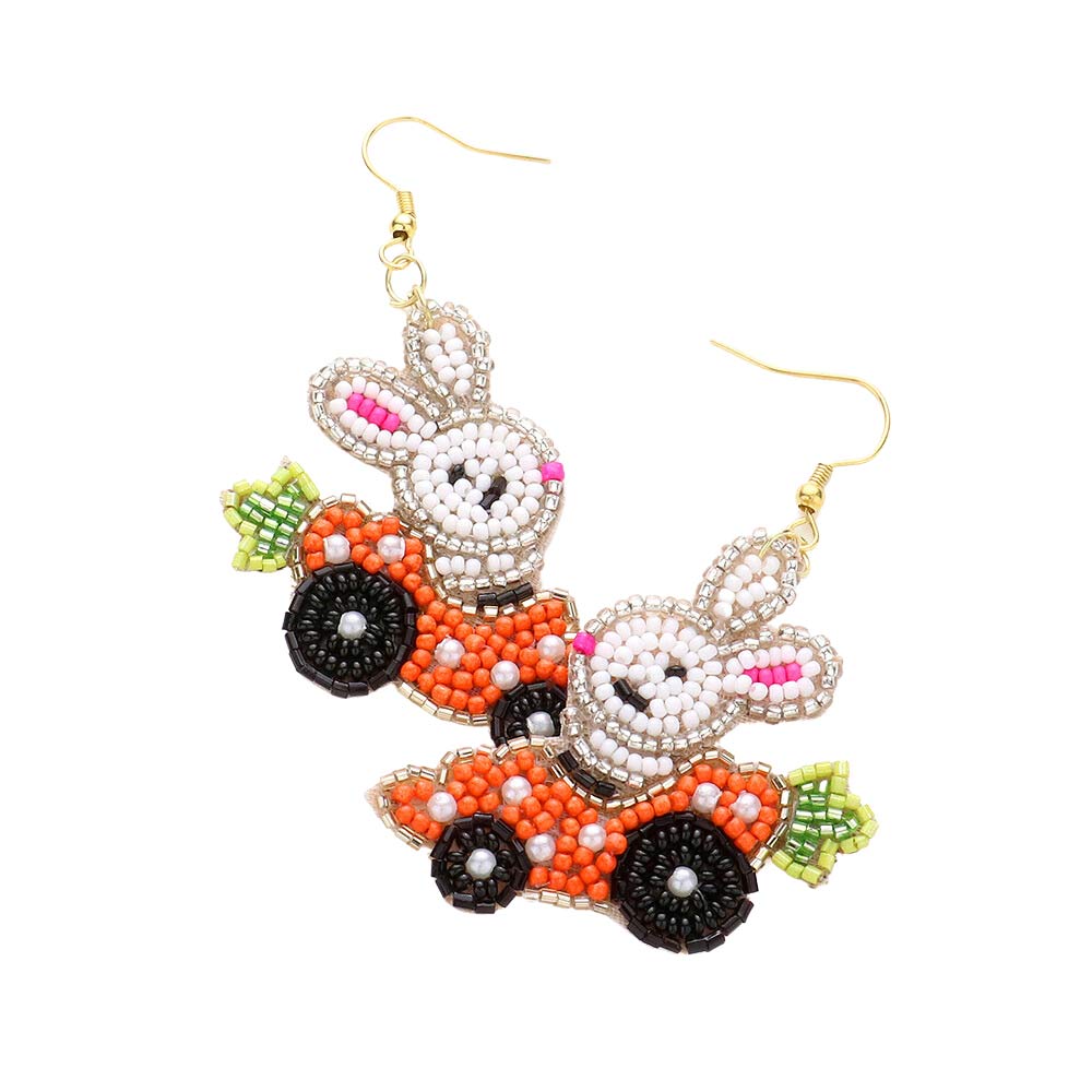 Multi Felt Back Pearl Seed Beaded Easter Bunny Carrot Car Earrings, embrace the easter spirit with these easter bunny carrot car earrings, these adorable dainty gift earrings are bound to cause a smile or two. Frace the easter spirit with these cute earrings, perfect for the festive season. These animal-themed earrings are also suitable for daily wear. 