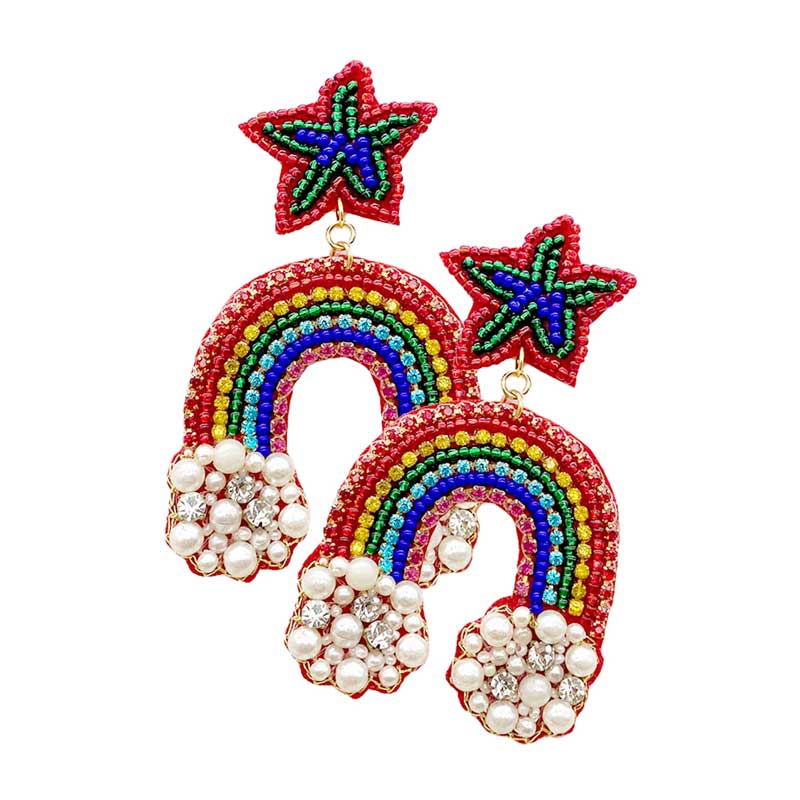 Multi Felt Back Rhinestone Pearl Beaded Rainbow Dangle Earrings, There's no better summer accessory than the bright and beautiful colored bead dangle earrings. These fun multicolored beaded dangle are perfect for making a statement. Adding a feminine touch to any outfit with these intricately handmade dangle earrings.