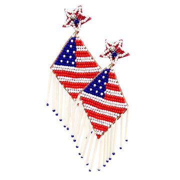 Felt Back Beaded American USA Flag Fringe Dangle Earrings - Red_White_Blue - Earrings