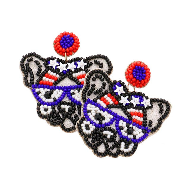 Multi Felt Back Seed Beaded American USA Flag Bulldog Earrings, Look like the ultimate fashionista with these earrings! It is suitable for animal lovers. Show your love for your country with these sweet earrings. Great for Flag Day, 4th of July, Memorial Day, and Labor Day. Perfect gift for any national holiday and occasion.