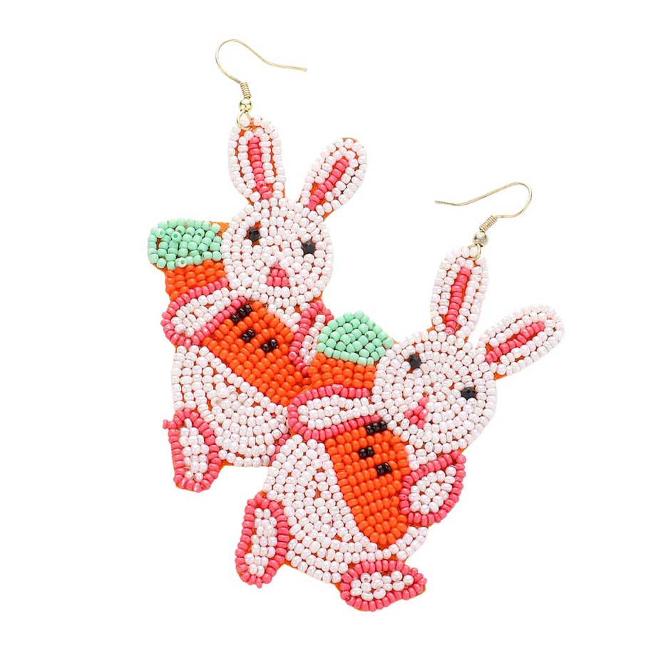 Multi Felt Back Seed Beaded Easter Carrot Bunny Dangle Earrings, embrace the easter spirit with these easter carrot bunny dangle earrings, these adorable dainty gift earrings are bound to cause a smile or two. Perfect for the festive season, embrace the easter spirit with these cute earrings.