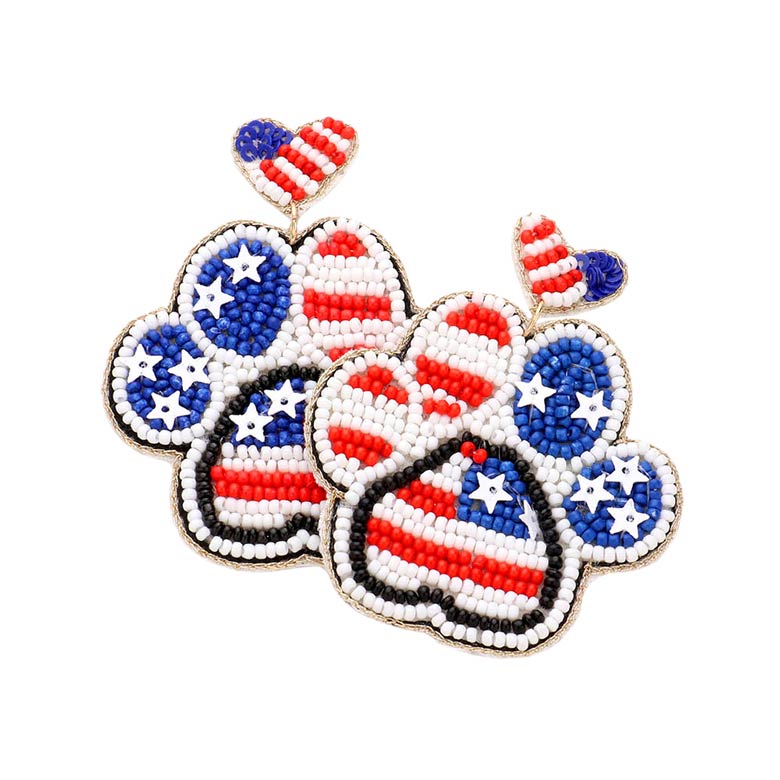 Multi Felt Back Seed Beaded Heart American USA Flag Paw Earrings, Look like the ultimate fashionista with these USA flag heart paw earrings! It is suitable for animal lovers. Show your love for your country with these sweet earrings. Great for National Holidays, Flag Day, 4th of July, Memorial Day, and Labor Day.