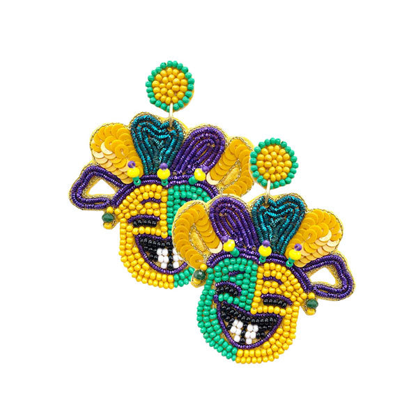 Multi Felt Back Seed Beaded Mardi Gras Mask Dangle Earrings, Beautifully crafted design adds a gorgeous glow to your Mardi Gras outfit. With these Mardi Gras Mask themed earring rock every party you attend to. Surprise your loved ones on this Mardi Gras occasion, great gift idea for Wife, Mom, or your Loving One.