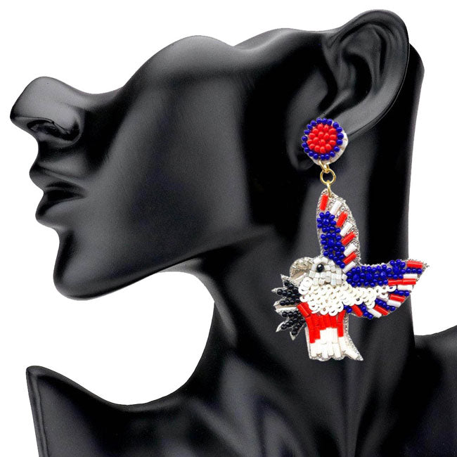 Multi Felt Back Sequin Beaded Eagle Link Dangle Earrings. USA Flag Dangle  Earrings; Show your love for our country with this sweet patriotic star Eagle link American Flag Earrings. Featuring red, white and blue stars and seed beads for a bit of fashionable fireworks flair.  Perfect Birthday Gift, Anniversary Gift, Mother's Day Gift, Thank you Gift.