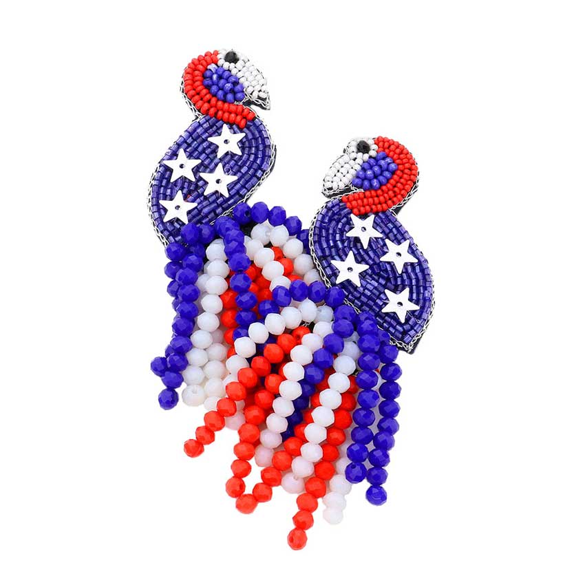 Multi Felt Back USA Flag Flamingo Beaded Beads Tassel Earrings, Show your love for your country with this sweet patriotic USA Flamingo Beaded tassel earrings. These earrings are just the thing you need to complete your costume! For a stylish fireworks flare, red, white, and blue are combined. Great for Election Day, National Holidays, Flag Day, 4th of July, Memorial Day, Labor Day. Perfect Birthday Gift, Anniversary Gift, Mother's Day Gift, Thank you Gift.