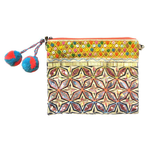Floral Boho Sequin Pom Pom Crossbody Bag - Multi