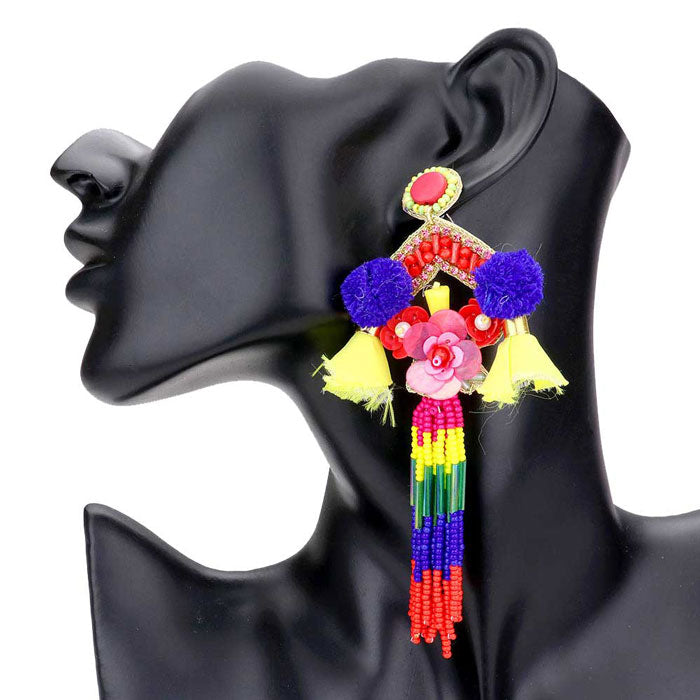 Multi Flower Pom Pom Beaded Tassel Earrings, its Beautifully crafted design adds a gorgeous glow to your any occasion outfit. Pom Pom Tassel rock every party you attend to. These stunning dangle earrings  will turn peoples heads. Surprise your loved ones this, great gift idea. Tassel Dangle Earrings gift earrings are bound to cause a smile or two.