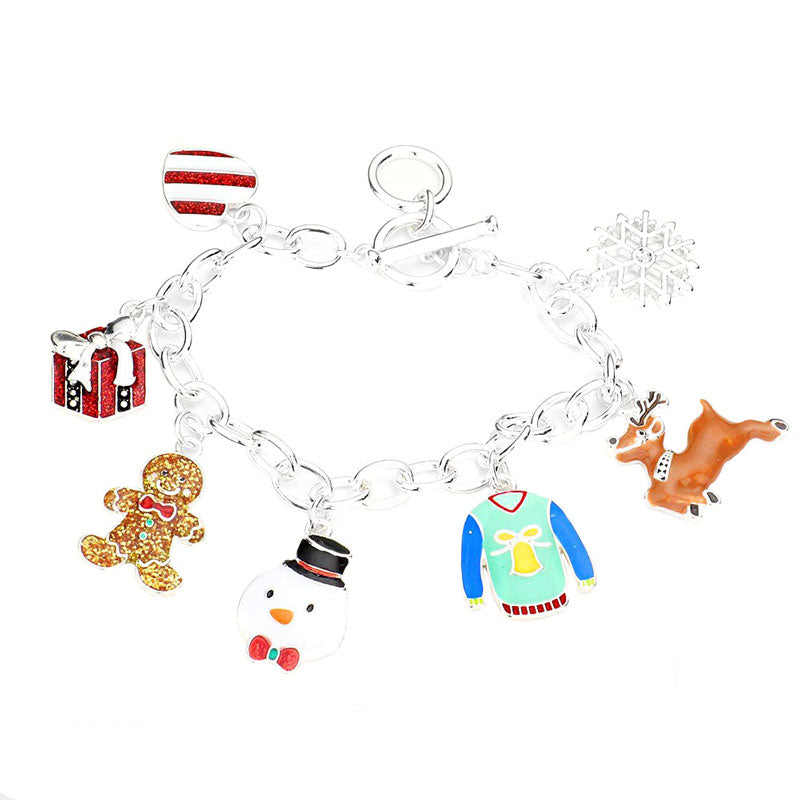Multi Gingerbread Man Snowman Rudolph Heart Christmas Tree Charm Station Toggle Bracelet, Get ready with these Bracelet, put on a pop of color to complete your ensemble. Perfect for adding just the right amount of shimmer &  shine . Perfect Birthday Gift, Anniversary Gift, Mother's Day Gift, Graduation Gift.