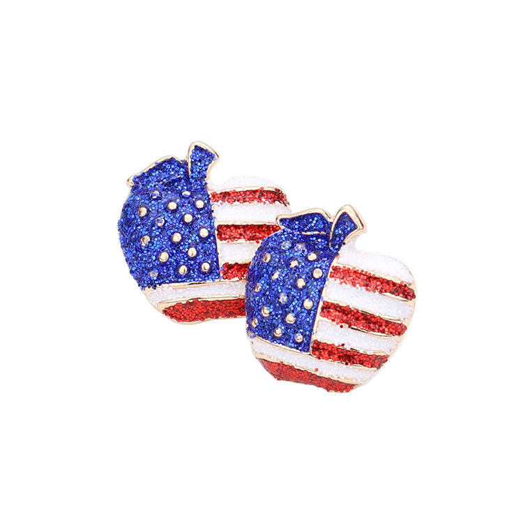 Multi Glittered American USA Flag Apple Stud Earrings. Show your love for our country with this sweet patriotic food themed USA style American Flag Earrings. Featuring red, white and blue for a bit of fashionable fireworks flair. Lightweight and comfortable for wearing all day long. Goes with any of your casual outfits and Adds something extra special. Great gift idea for your Loving One.
