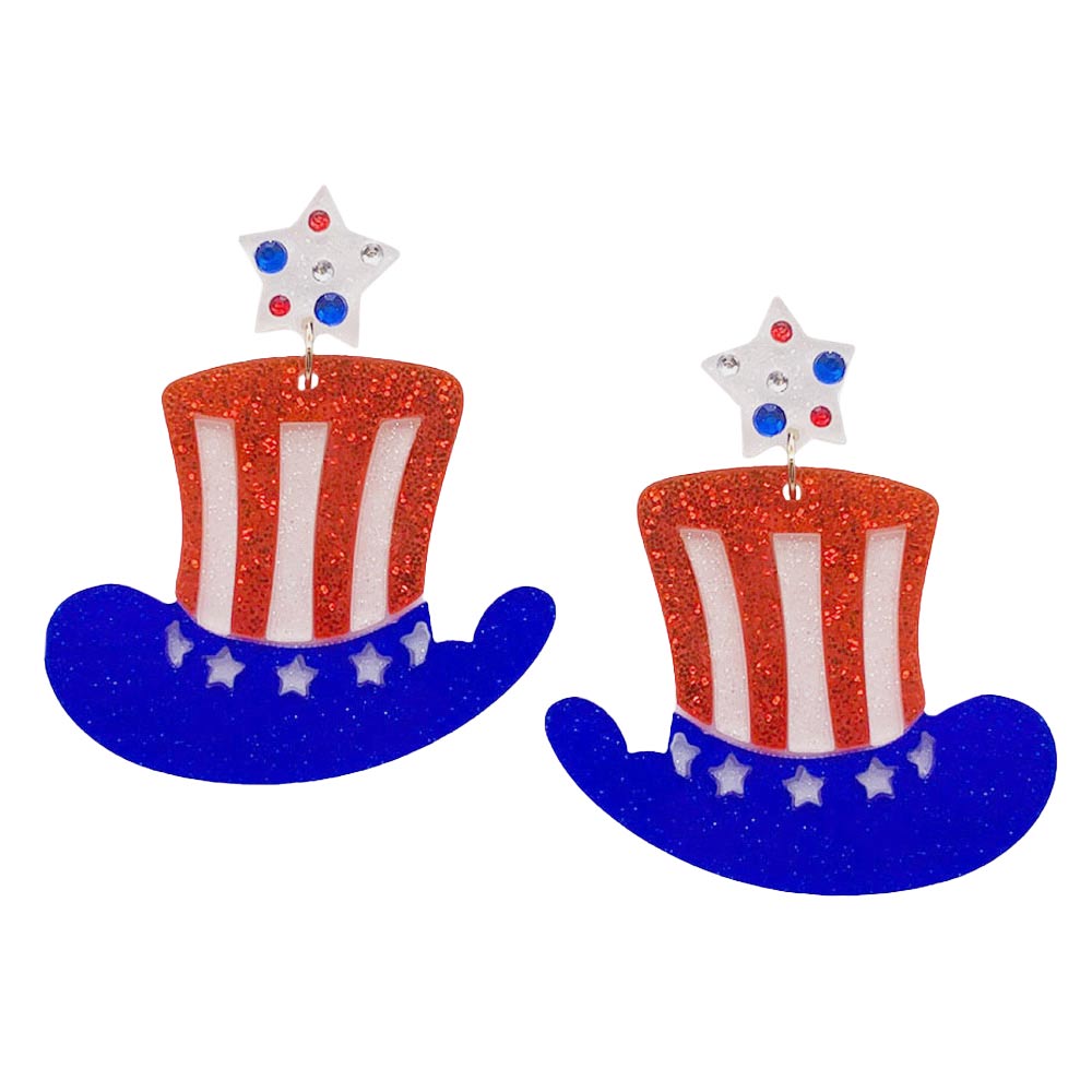 Multi Glittered Resin American USA Flag Hat Dangle Earrings, These are fun handcrafted jewelry that fits your lifestyle, adding a pop of pretty color. Show your love for Your country with these sweet patriotic American flag hat dangle earrings. Red, white, and blue are used for a trendy fireworks flare. Enhance your attire with these vibrant artisanal earrings to show off your fun trendsetting style. 