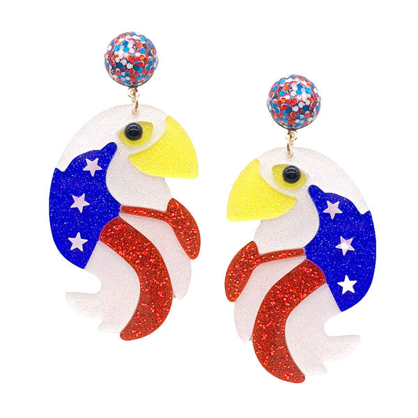 Multi Glittered Resin American USA Flag Toucan Dangle Earrings. simple sophistication makes a standout addition to your collection designed adds a pop of color to any outfit style, Show your love for our country with this sweet patriotic Outfit USA flag Toucan Dangle Earrings. Red, white, and blue are used for a trendy fireworks flare.