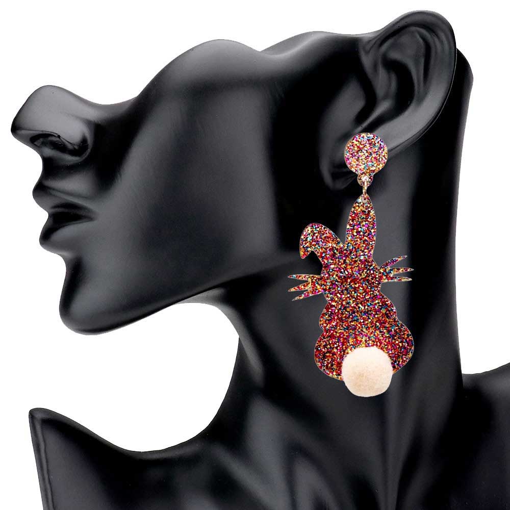 Multi Glittered Resin Easter Bunny Pom Pom Tail Dangle Earrings, perfect for the festive season, embrace the Easter spirit with these cute pom pom tail earrings, these adorable dainty gift earrings are bound to cause a smile or two. Surprise your loved ones on this Easter Sunday occasion, great gift idea for Wife, Mom, or your Loving One.