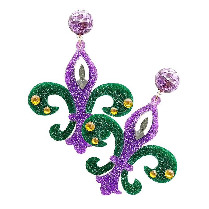 Multi Glittered Resin Fleur de Lis Dangle Earrings, are beautifully designed with the Mardi Gras glittered to dangle on your earlobes with a perfect glow. Wear these beautiful Mardi Gras-themed earrings to get immediate compliments. Highlight your appearance and grasp everyone's eye at any place.