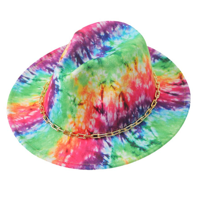 Multi Hardware Chain Band Multi Tie-dye Printed Fedora Hat, keeps your styles on even when you are relaxing at the pool or playing at the beach. Large, comfortable, and perfect for keeping the sun off of your face, neck, and shoulders. Perfect summer, beach accessory. The beautiful tie-dye print makes it unique yet beautiful. Ideal for travelers who are on vacation or just spending some time in the great outdoors.