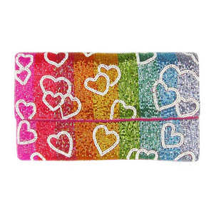 Multi Heart Accented Rainbow Striped Beaded Clutch Crossbody Bag, look like the ultimate fashionista when carrying this small clutch bag, great for when you need something small to carry or drop in your bag. Versatile enough for having straight through the week, perfectly lightweight to carry around all day.