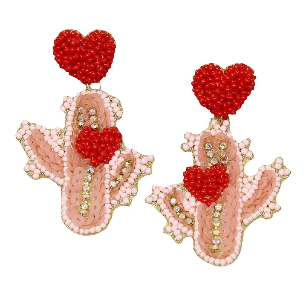 Multi Heart Cactus Seed Bead And Sequin Drop Earrings, Look like the ultimate fashionista with these heart drop Earrings! Add something special to your outfit this Valentine's! The Valentine themes heart earrings are colorful and bold, they are so light and easy to wear. Accent all of your dresses with the extra fun vibrant color with these heart-themed Seed Bead And Sequin drop earrings. It is so fun to be able to have lightweight cute earrings for every day of Valentine's week.