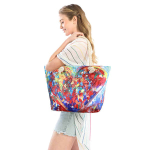 Multi Heart Print Beach Tote Bag, Whether you are out shopping, going to the pool or beach, this Heart print tote bag is the perfect accessory. Spacious enough for carrying any and all of your seaside essentials. The soft rope straps really helps carrying this tie due shoulder bag comfortably. Folds flat for easy packing. Perfect Birthday Gift, Anniversary Gift, Mother's Day Gift, Vacation Getaway or Any Other occasions.