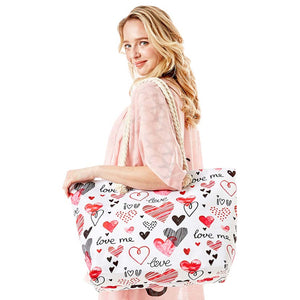 Multi I Love U Love Me Message Heart Patterned Beach Tote Bag, This Beach Tote Bag is versatile enough for wearing through the simple and leisurely, elegant and fashionable, suitable for women of all ages, and ultra-lightweight to carry around all day. Perfect for traveling, beach, or any outdoor activities in daily life.
