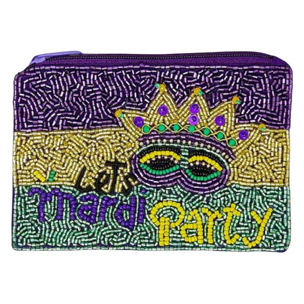 Multi Let's Mardi Party Seed Beaded Coin Purse, Be the ultimate fashionista while carrying this trendy seed-beaded coin purse on this Mardi Gras! Great to carry something small or drop it in your bag. Perfect for carrying makeup, money, credit cards, keys or coins, & many more things. This coin purse features a top zipper closure for security. Perfect for the festive season.