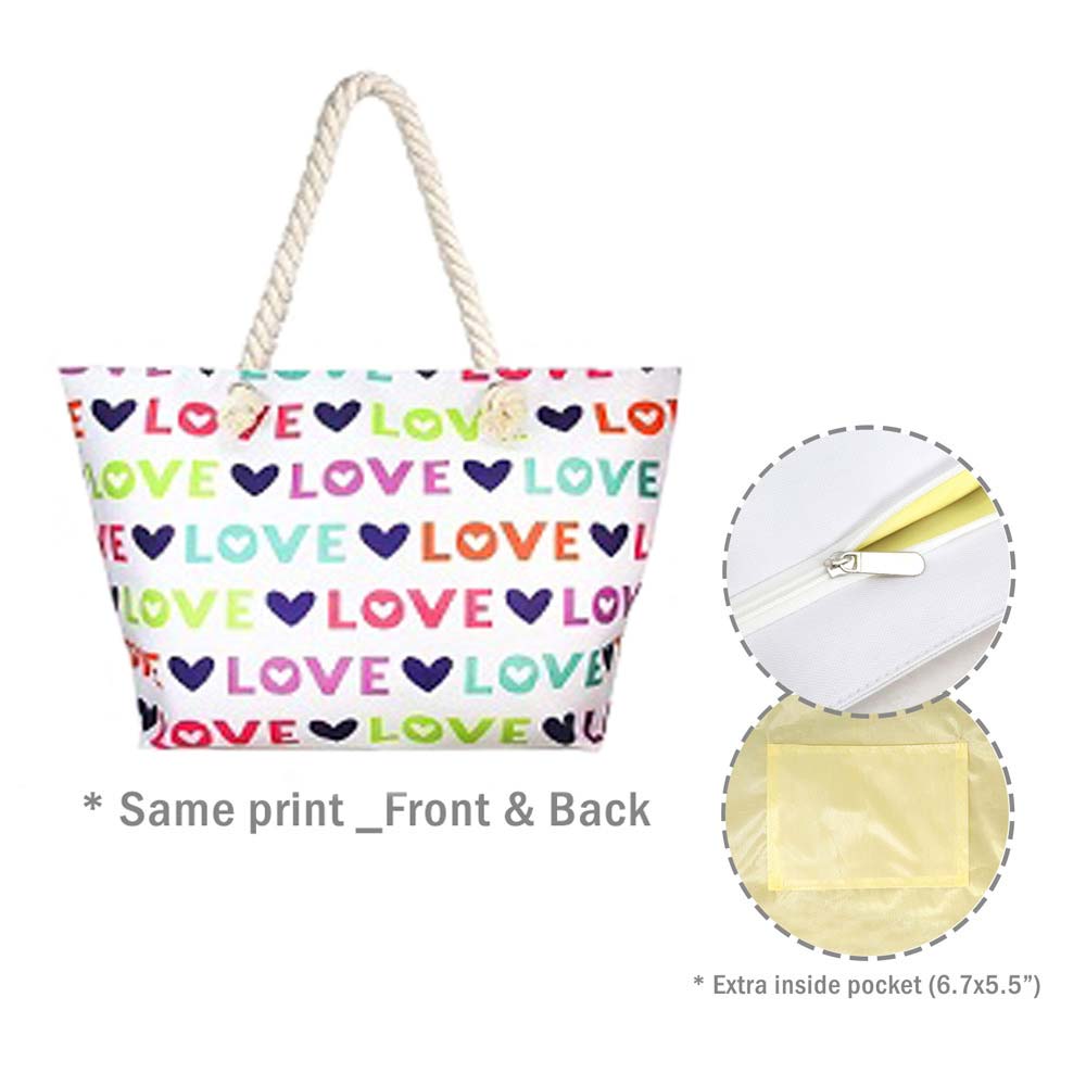 Multi Love Message Heart Patterned Beach Tote Bag, This Beach Tote Bag is versatile enough for wearing through the week, simple and leisurely, elegant and fashionable, suitable for women of all ages, and ultra-lightweight to carry around all day. Perfect for traveling, beach, and other outdoor activities in daily life.