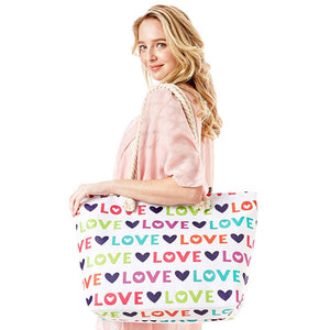 Multi Love Message Heart Patterned Beach Tote Bag, This Beach Tote Bag is versatile enough for wearing through the week, simple and leisurely, elegant and fashionable, suitable for women of all ages, and ultra-lightweight to carry around all day. Perfect for traveling, beach, and other outdoor activities in daily life.