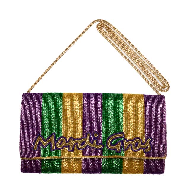 Multi Mardi Gras Beaded Message Clutch Crossbody Bag, is beautifully designed and fit for all occasions & places. perfect for makeup, money, credit cards, keys or coins, and many more things. This handbag features a top Clasp Closure for security and contains a detachable shoulder chain that makes your life easier and trendier. Its catchy and awesome appurtenance drags everyone's attraction to you.
