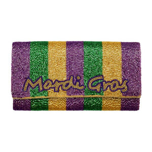 Multi Mardi Gras Beaded Message Clutch Crossbody Bag, is beautifully designed and fit for all occasions & places. perfect for makeup, money, credit cards, keys or coins, and many more things. This handbag features a top Clasp Closure for security and contains a detachable shoulder chain that makes your life easier and trendier. Its catchy and awesome appurtenance drags everyone's attraction to you.