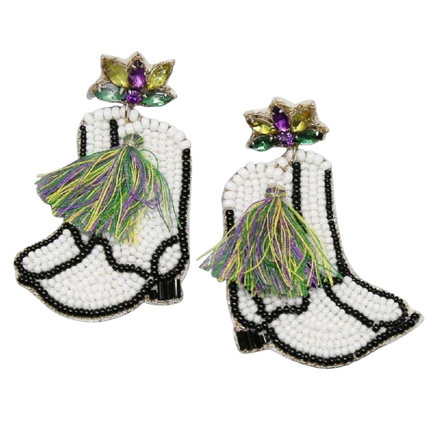 Multi Mardi Gras Boots Seed Bead Drop Earrings, Add the perfect luxe to your Mardi Gras attire giving off a strong festive atmosphere with these boots seed bead earrings! These boots seed bead earrings feature a mardi gras theme with a beautiful combination of mardi gras colors & elements, including yellow, purple, & green seed bead details. These earrings can match your carnival costume or dress and make you immersed in the carnival festival.