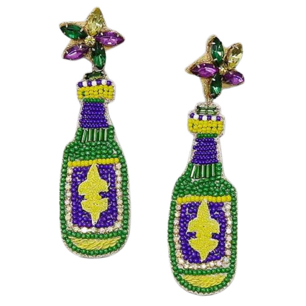 Multi Mardi Gras Bottle Seed Bead Drop Earrings, This pair of mardi gras seed bead drop earrings will drop effortlessly from your earlobes bringing positive attention to your beautiful appearance. These bottle seed bead earrings feature a mardi gras theme with a beautiful combination of mardi gras colors & elements, including yellow, purple, & green seed bead details.