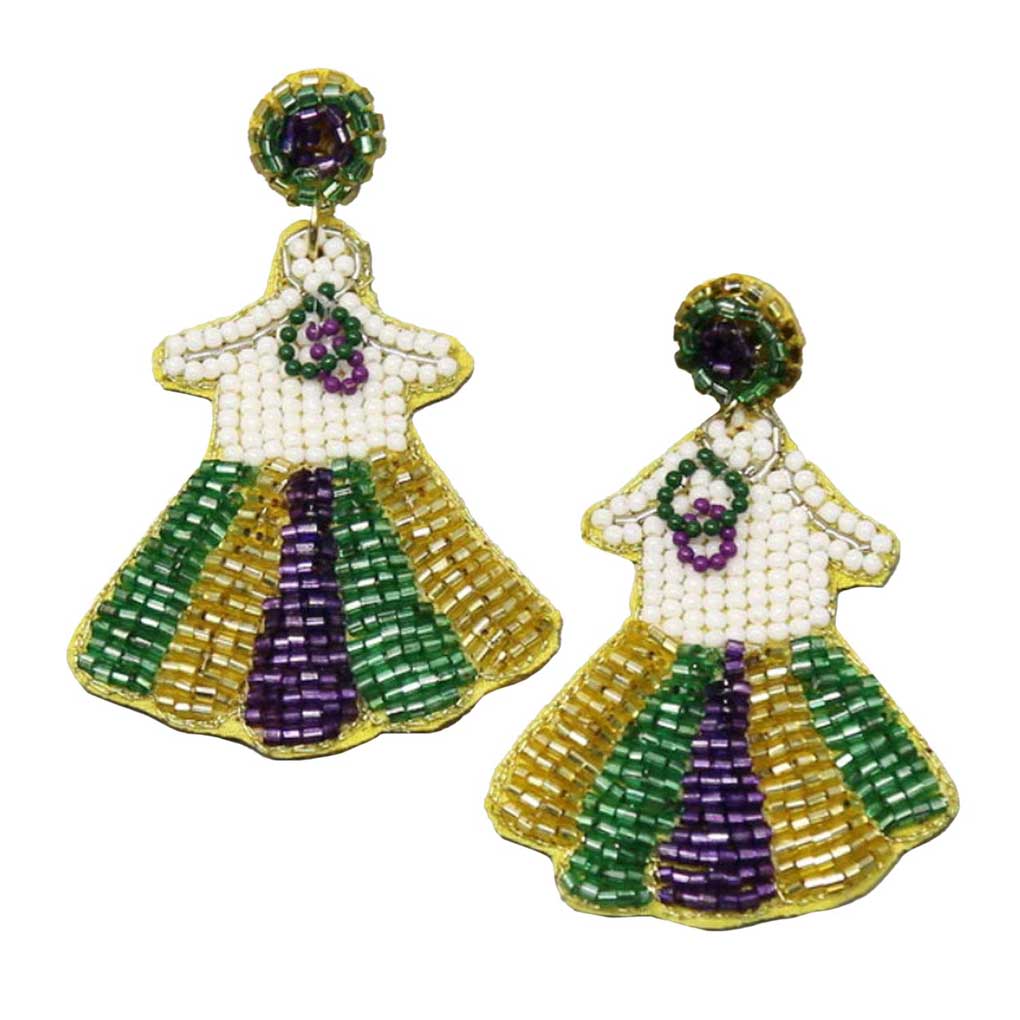 Multi Mardi Gras Dress Seed Bead Drop Earrings, this pair of beaded mardi gras dress earrings will drop effortlessly from the lobe, bringing positive attention to that beautiful face. These sparky holiday earrings feature dress theme mardi gras elements dangle embellished with yellow, purple, and green glitter details. 