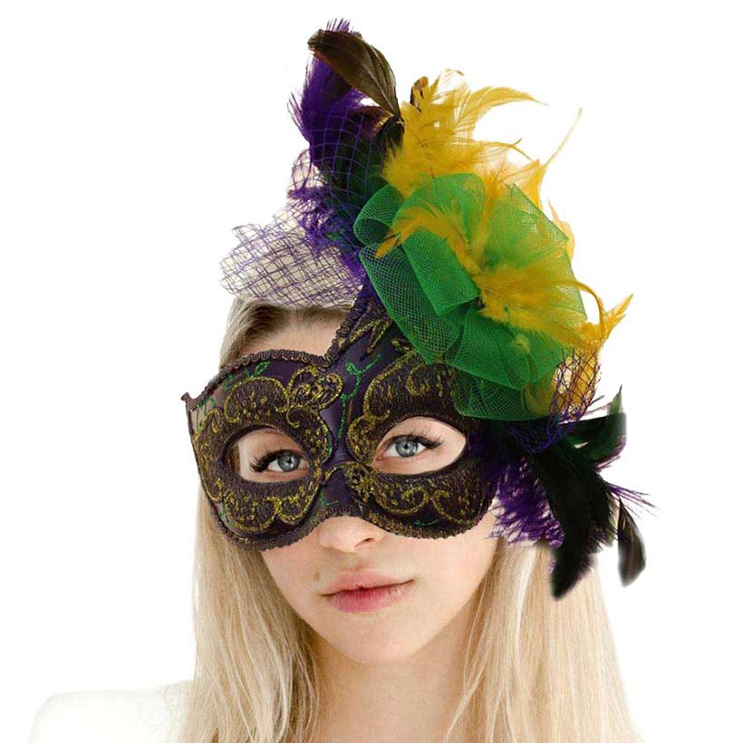 Multi Mardi Gras Feather Mask, is a beautiful Mardi Gras accessory that adds a nice look of you to the celebration whether you're in New Orleans or not. Regardless of where the festivals take place, share a celebratory atmosphere with this beautiful feather mask. Wear this stunning Mardi Gras mask for fun and festive party costumes to make you look stand out.
