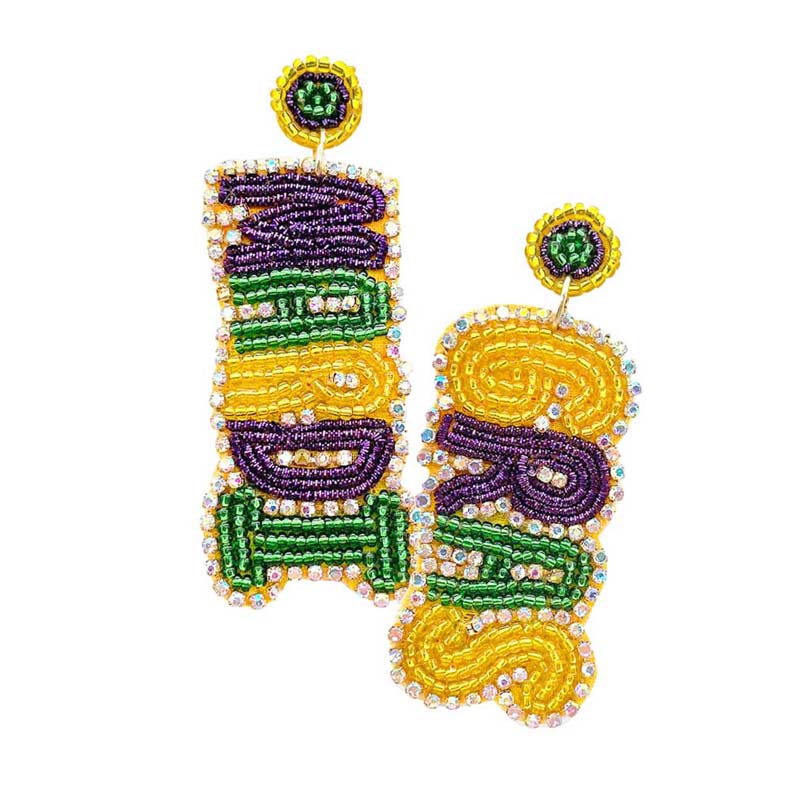 Multi Mardi Gras Felt Back Beaded Message Dangle Earrings, are beautifully designed with the Mardi Gras message to dangle on your earlobes with a perfect glow. Put on a pop of color to complete your ensemble stylishly with these Mardi Gras Message earrings.