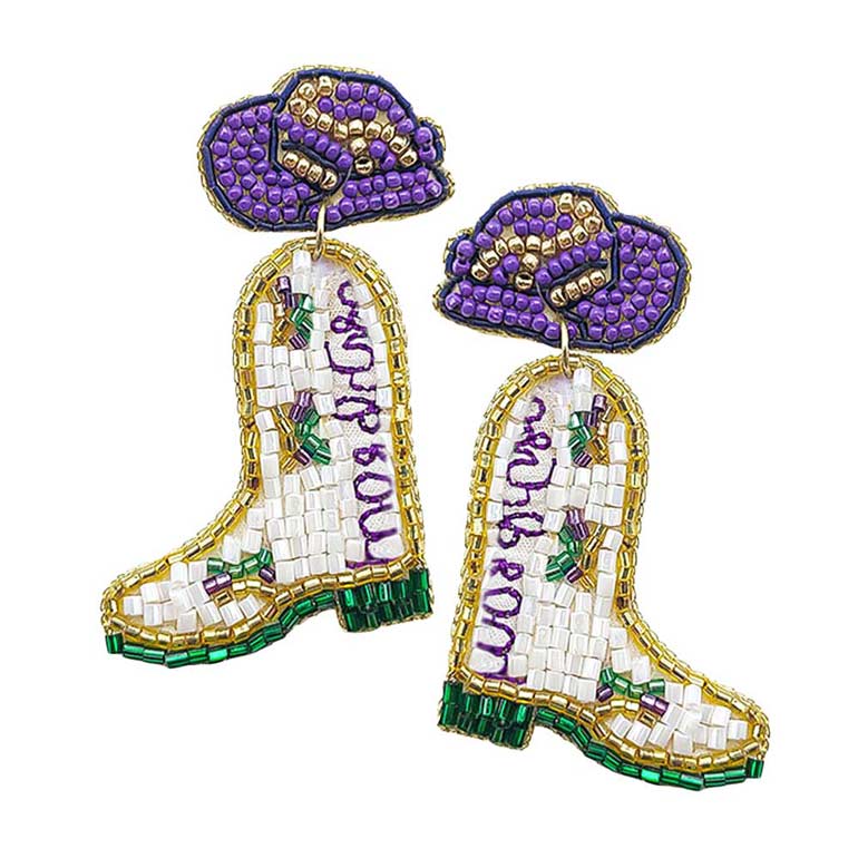 Multi Mardi Gras Felt Back Beaded Western Boots Dangle Earrings, fun Style earrings for women will add a touch of fashion and fun to any wardrobe and add a fashion statement to any outfit. Put on a pop of color to complete your ensemble. Get ready to party like in Mardi Gras. Perfect for adding just the right amount of color and Fun to your outfit.