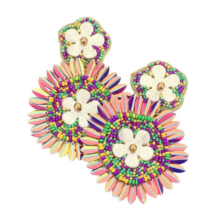 Multi Mardi Gras Felt Back Flower Pointed Seed Beaded Round Dangle Earrings, Turn your ears into a chic fashion statement with this mardi gras felt back flower beaded earrings! Embrace the Mardi Gras spirit with these awesome Seed Beaded earrings. These adorable floral details dangle earrings are bound to cause a smile.