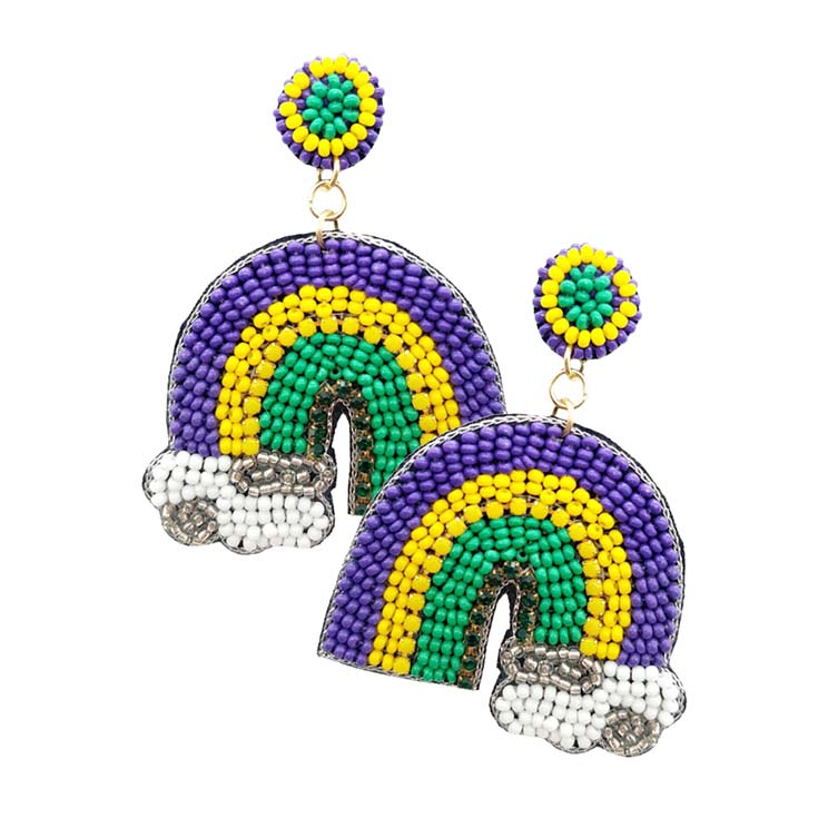 Multi Mardi Gras Felt Back Seed Beaded Rainbow Dangle Earrings, are beautifully designed for Mardi Gras in a seed-beaded style to put on a pop of color and complete your ensemble. Perfect for adding the perfect beauty & glamor everywhere with these felt-back rainbow earrings. These seed-beaded dangle earrings are handcrafted jewelry that fits your lifestyle. Coordinate these earrings with any ensemble from business casual to everyday wear.