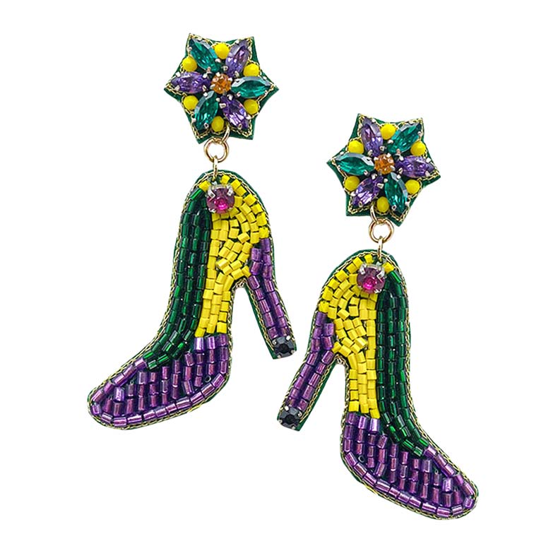 Multi Mardi Gras Felt Back Stone Beaded Stiletto Heel Dangle Earrings, are beautifully designed with the Stiletto Heel to dangle on your earlobes with a perfect glow. Wear these beautiful Mardi Gras-themed beaded earrings to get immediate compliments. Highlight your appearance and grasp everyone's eye at any place.