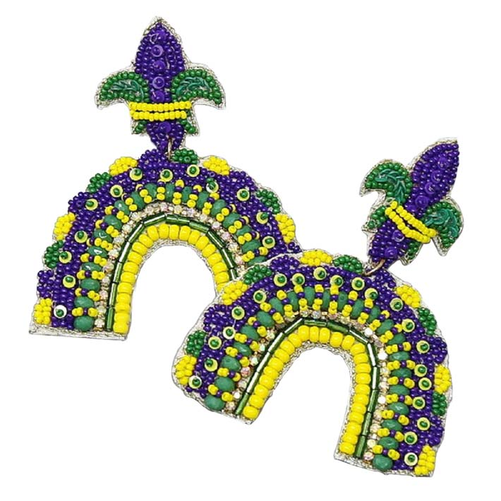 Multi Mardi Gras Fleur De Lis Arch Seed Bead Drop Earrings, Wear these beautiful Mardi Gras-themed seed bead earrings to make you stand out & get immediate compliments. Highlight your appearance and grasp everyone's eye at any place. Enhance your attire with these beautiful Fleur De Lis-themed earrings to show off your fun trendsetting style this Mardi Gras.