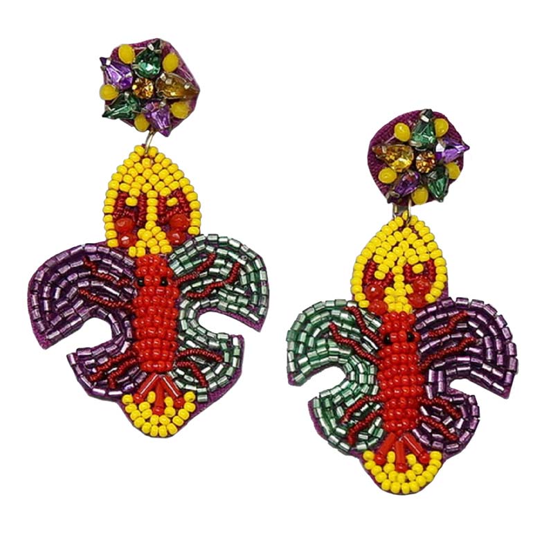 Multi Mardi Gras Fleur De Lis With Lobster Seed Bead Drop Earrings, Show your unique & trendy choice with these Lobster Earrings. These feature different color combinations for the perfect fashionable touch of this mardi gras. These Sea Life Mardi Gras-themed earrings rock every party you attend to. Goes with any of your mardi gras outfits & adds something extra special.