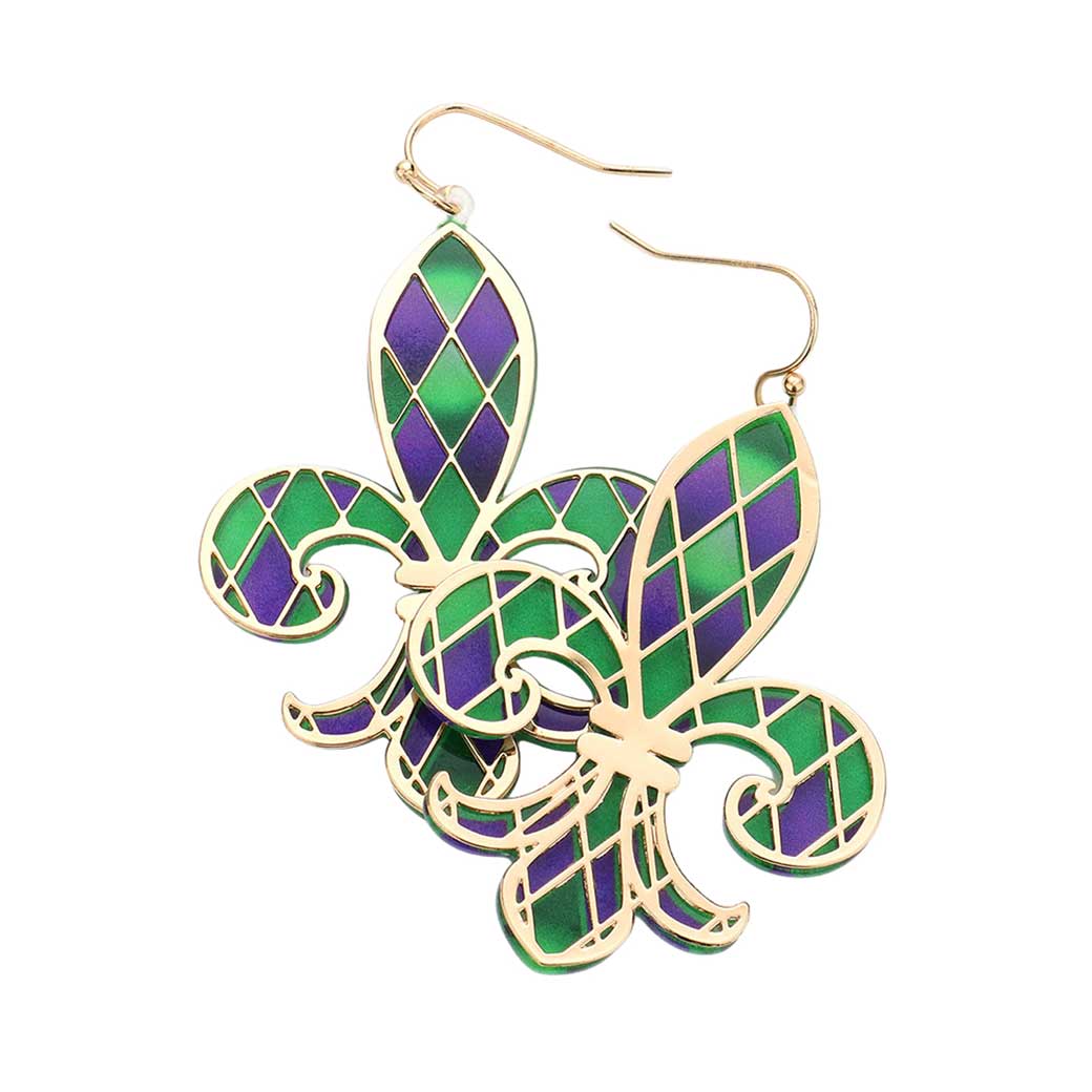 Multi Mardi Gras Fleur de Lis Dangle Earrings, are beautifully crafted earrings that dangle on your earlobes with a perfect glow to make you stand out and show your unique and beautiful look everywhere. Put on a pop of color to complete your ensemble stylishly with these Fleur de Lis-themed earrings. Highlight your appearance and grasp everyone's eye at any place. Enhance your attire with these beautiful artisanal earrings to show off your fun trendsetting style.