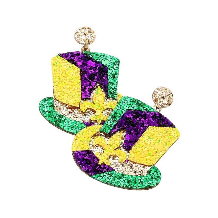 Multi Mardi Gras Fleur de Lis Pointed Glittered Hat Dangle Earrings, are beautifully designed with the Mardi Gras theme to dangle on your earlobes with a perfect glow. Wear these beautiful Mardi Gras-themed Glittered Hat earrings to get immediate compliments. Highlight your appearance and grasp everyone's eye at any place. Enhance your attire with these beautiful Fleur de Lis earrings to show off your fun trendsetting style on Mardi Gras.