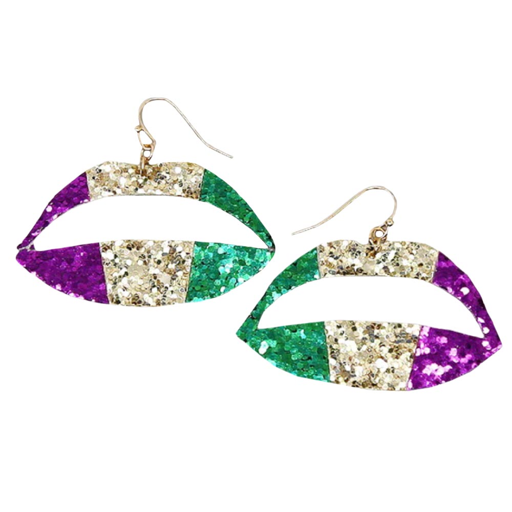 Multi Mardi Gras Glitter Lips Drop Earrings, Show your unique choice & make yourself more attractive with these glitter lips earrings. It features different color combinations for the perfect fashionable touch of this mardi gras. These Mardi Gras-themed earrings rock every party you attend to. Goes with any of your casual outfits & adds something extra special. These earrings can match your carnival costume or dress and make you immersed in the festival.