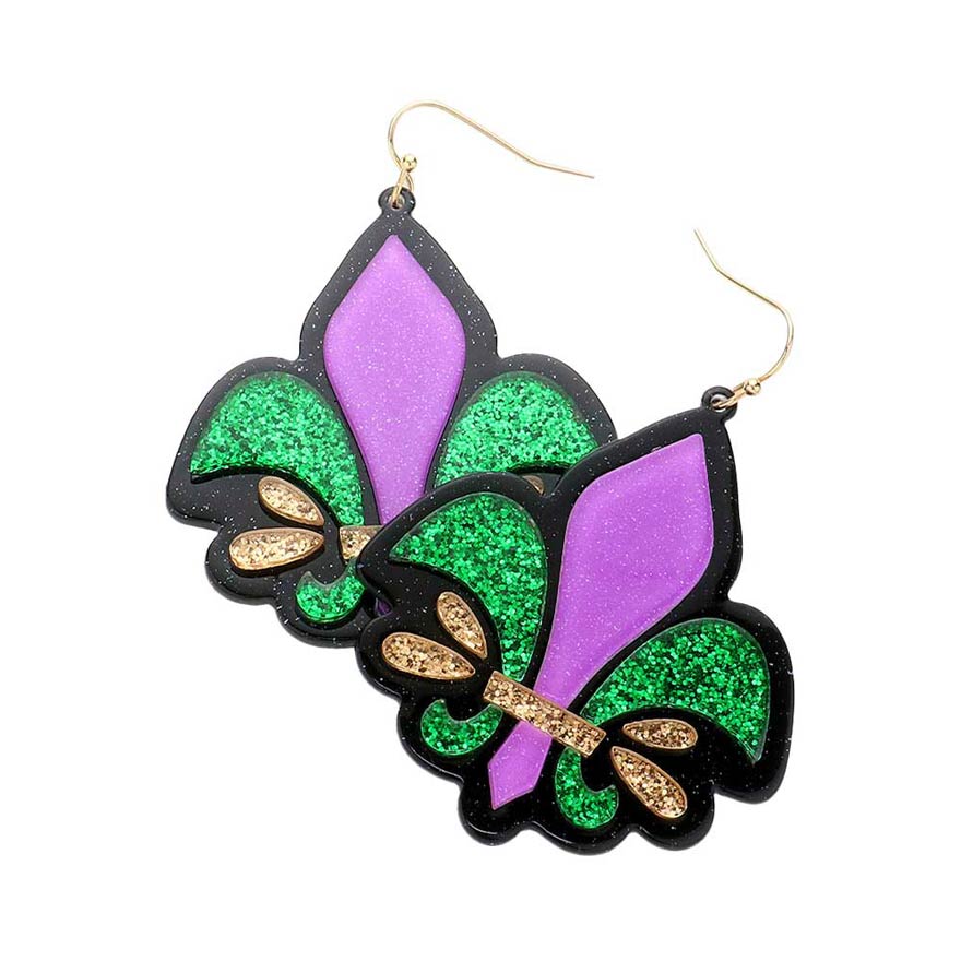 Multi Mardi Gras Glittered Resin Fleur de Lis Dangle Earrings, beautifully crafted design adds a gorgeous glow to your Mardi Gras outfit. Wear these beautiful Mardi Gras-themed earrings to get immediate compliments. Enhance your attire with these beautiful artisanal earrings to show off your fun trendsetting style on Mardi Gras. Highlight your appearance and grasp everyone's eye at any place.