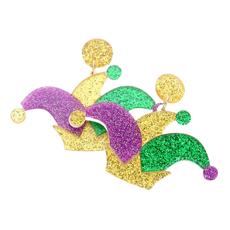 Multi Mardi Gras Glittered Resin Hat Dangle Earrings, With these Mardi Gras Glittered Resin Hat Dangle earrings rock every party you attend to. The beautifully crafted design adds a gorgeous glow to your Mardi Gras outfit. These Mardi Gras Glittered Resin Hat Dangle earrings rock every party you attend.