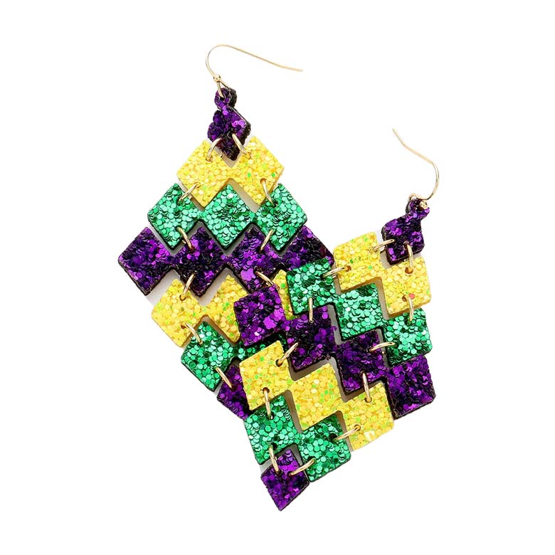 Multi Mardi Gras Glittered Rhombus Link Dangle Earrings, are beautifully designed with the Mardi Gras theme to dangle on your earlobes with a perfect glow. Wear these beautiful Mardi Gras-themed Rhombus earrings to get immediate compliments. Highlight your appearance and grasp everyone's eye at any place. Enhance your attire with these beautiful artisanal earrings to show off your fun trendsetting style on Mardi Gras.